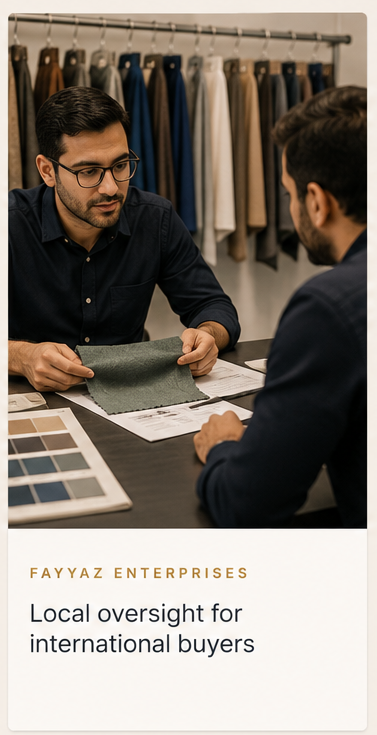 Sourcing team reviewing fabric samples with a client